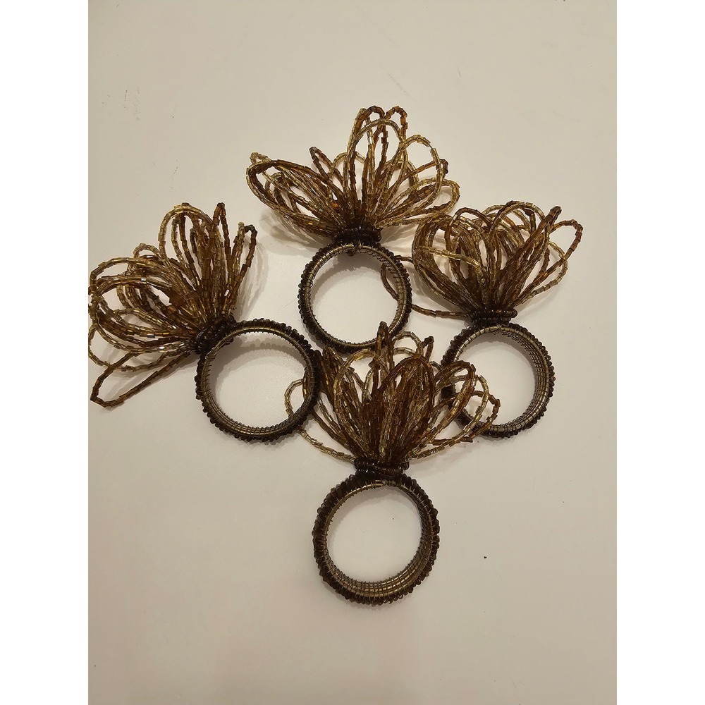 Set of 4 Beaded Flower Napkin Rings Amber Bronze Glass Seed Bead Floral
